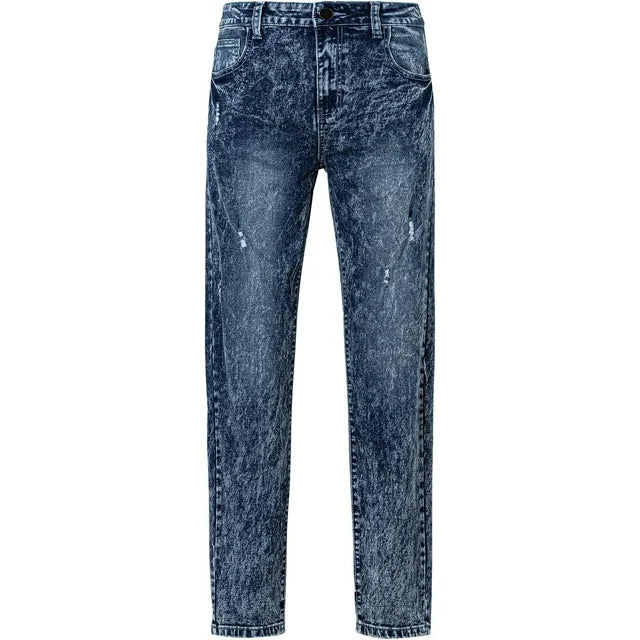 Classic men's casual pants with elastic wear and tear, straight leg, mid waist, fashionable jeans